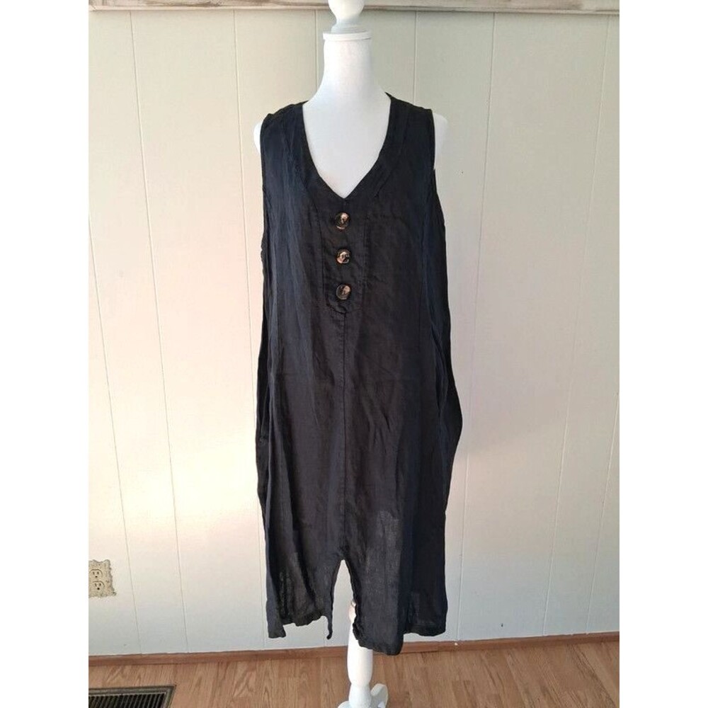 Alessia Pacini Linen Dress 1X Lagenlook Navy Blue Buttons VNeck